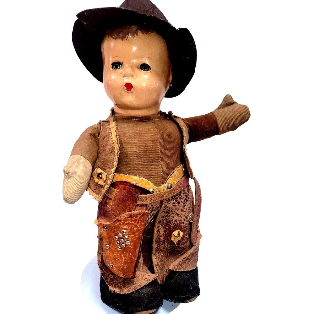 13" 1920s Antique Composition Head Sweet Cowboy Toddler Baby Boy
